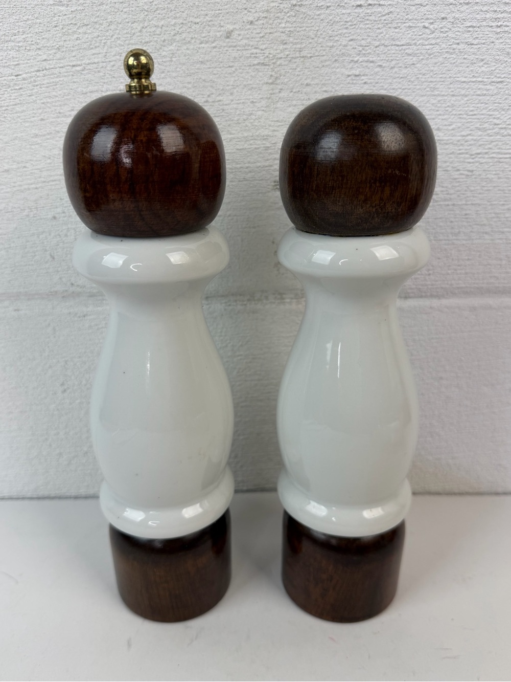VTG Wood & White Ceramic Salt Shaker & Pepper Grinder